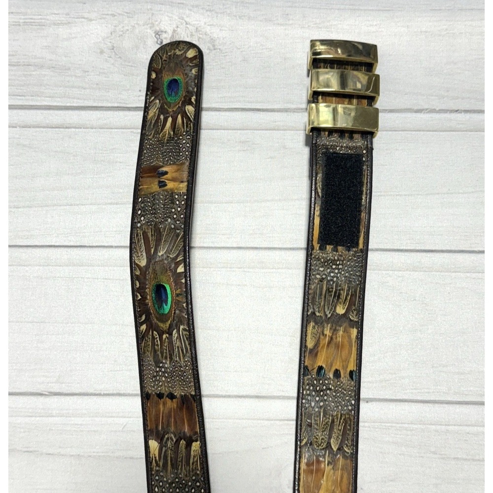 Vintage Peacock Feather Inlay Belt Leather Hippie Boho Gold Tone Slide Buckle - Picture 2 of 10